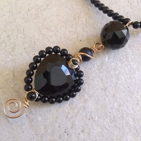 Sexy Black Heart Glam Necklace ~ Wire Wrapped & Beaded! Breaking Hearts 4 Sure! - Picture 3 of 9